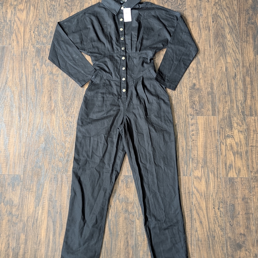 Black Button-Up Jumpsuit - Picture 1 of 8